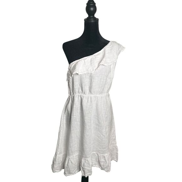 Valentina Naldi‎ 100% Linen One Shoulder Short Dress Womens S White Ruffle Beach - Picture 1 of 9